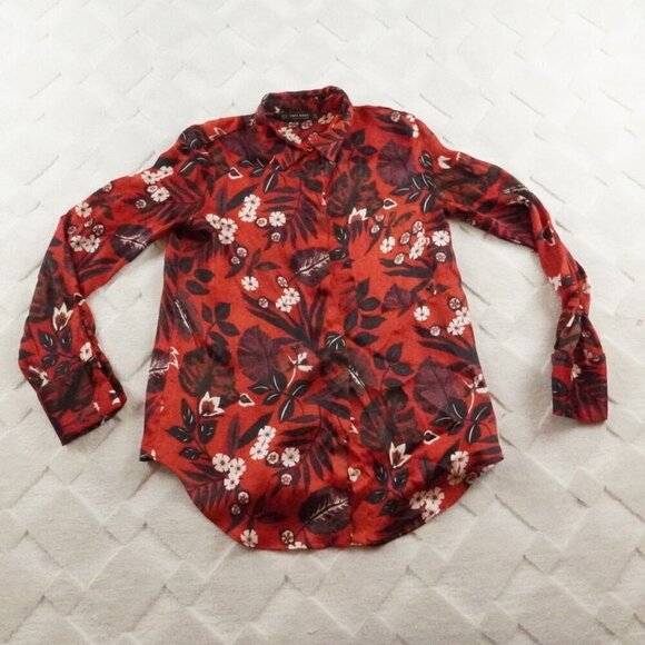 Zara Floral Print Button Up Top Womens Extra Small Black Red - Picture 1 of 10